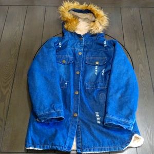 Girls Winter Hooded Fur Collar Thick Denim Jacket Coat